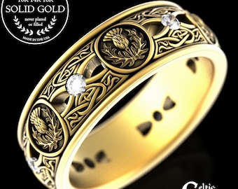 Gold Thistle Wedding Band, Moissanite Gold Scottish Mens Ring, Mens Gold Celtic Wedding Ring, Moissanite Irish Wedding Ring, 10K 14K, 4409