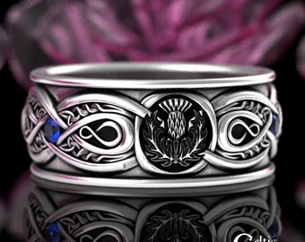 Mens Thistle Wedding Ring, Sterling Scottish Thistle Ring, Sapphire Celtic Mens Ring, Irish Thistle Wedding Band, Silver Thistle Ring, 3036