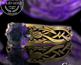 Gold Royal Thistle Proposal Ring, 10K Alexandrite Irish Guardian Flower Engagement Ring, 10K 14K 18K Celtic Thistle Solitaire Ring, 3063
