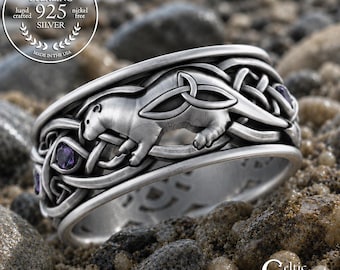 Sterling Alexandrite Otter Ring, Men's Sea Animal Ring, Silver Ocean Wedding Band for Groom, Men's Marine Jewelry, 3026
