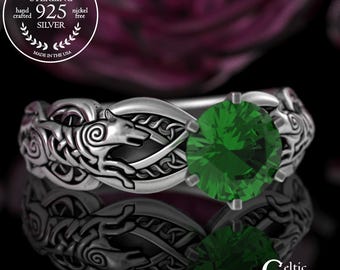 Sterling & Emerald Wolf Bride Ring, Irish Wolf Engagement Ring, Silver Wolves Viking Solitaire, Diamond Wolves Twin Flame Marriage Vow, 3177