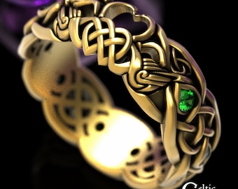 Emerald Swan Wedding Ring, Gold Swan Ring, Celtic Swan Ring, Celtic Bird Wedding Band, White Gold Swan Ring, Gold Swan Ring, 1810