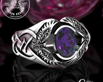 Sterling Viking Raven Ring, Alexandrite Mens Ring, Odin Raven Ring, Men Viking Ring, Celtic Wedding Band, Alexandrite Statement Ring, 1477