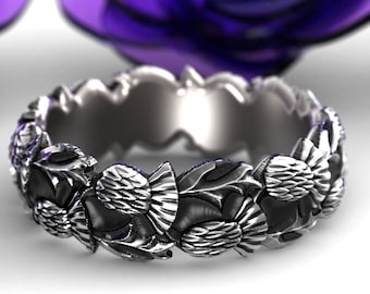 Sterling Silver Royal Thistle Ring, Scottish Thorned Blossom Wedding Band, Guardian Flower Marriage Ring, Irish Sacred Union Ring, 1785