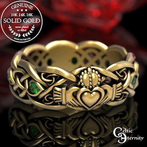 Anillo Claddagh de oro con esmeraldas, anillo de bodas moderno Claddagh, alianza de bodas celta de oro, anillo de amor irlandés, anillo Claddagh de platino, 1684