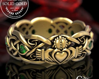 Gold Claddagh Ring with Emeralds, Modern Claddagh Wedding Ring, Celtic Gold Wedding Band, Irish Love Ring, Platinum Claddagh Ring, 1684