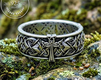 Mens Sterling Cross Ring, Celtic Cross Ring, Irish Cross Ring, Sterling Irish Wedding Band, Men Celtic Wedding Band, Silver Cross Ring, 1859