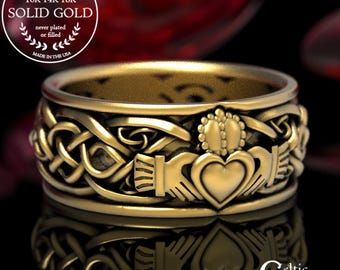 10K 14K Mens Gold Claddagh Ring, Modern Claddagh Wedding Ring, Celtic Gold Wedding Band, 18K Gold Irish Heart Ring, Mens Claddagh Ring, 1687