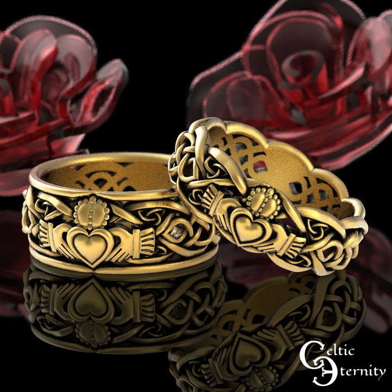 Gold Matching Claddagh Wedding Ring Set, 10K 14K Claddagh Wedding Bands, 18K Scottish Heart Ring, Gold Irish Crown Heart Rings, 1683 1687 image 2