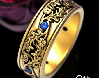 Sapphire 10K Thistle Ring, Mens Gold Scottish Thistle Band, 10K Scotland Wedding Ring, 14K Thistle Celtic Ring, 14K Irish Celtic Ring, 1935