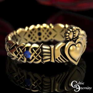 Anillo Claddagh de oro con zafiros, anillo de bodas con corazón de zafiro, alianza de bodas celta de oro, anillo de amor irlandés, anillo Claddagh de platino, 1545