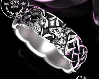 Woman's Sterling Fox & Rabbit Wedding Band, Silver Celtic Hare Ring, Irish Fox Jewelry, 2178
