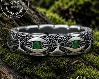 Tree of Life Ring with Emeralds, Sterling Yggdrasil Ring, Silver Celtic Tree Wedding Band, Womens Kabbalah Ring, Bridal Nature Ring, 3191