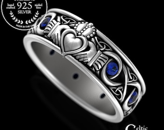 Sterling Silver & Sapphire Irish Claddagh Band, Scottish Sacred Triad Wedding Band, Mens Celtic Friendship Love and Loyalty Ring, 3218