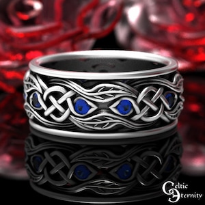 Sapphire Botanical Leaves Wedding Band, Sterling Celtic Botanical Wedding Ring, Sapphire Scottish Nature Wedding Ring, Men Nature Ring, 1964