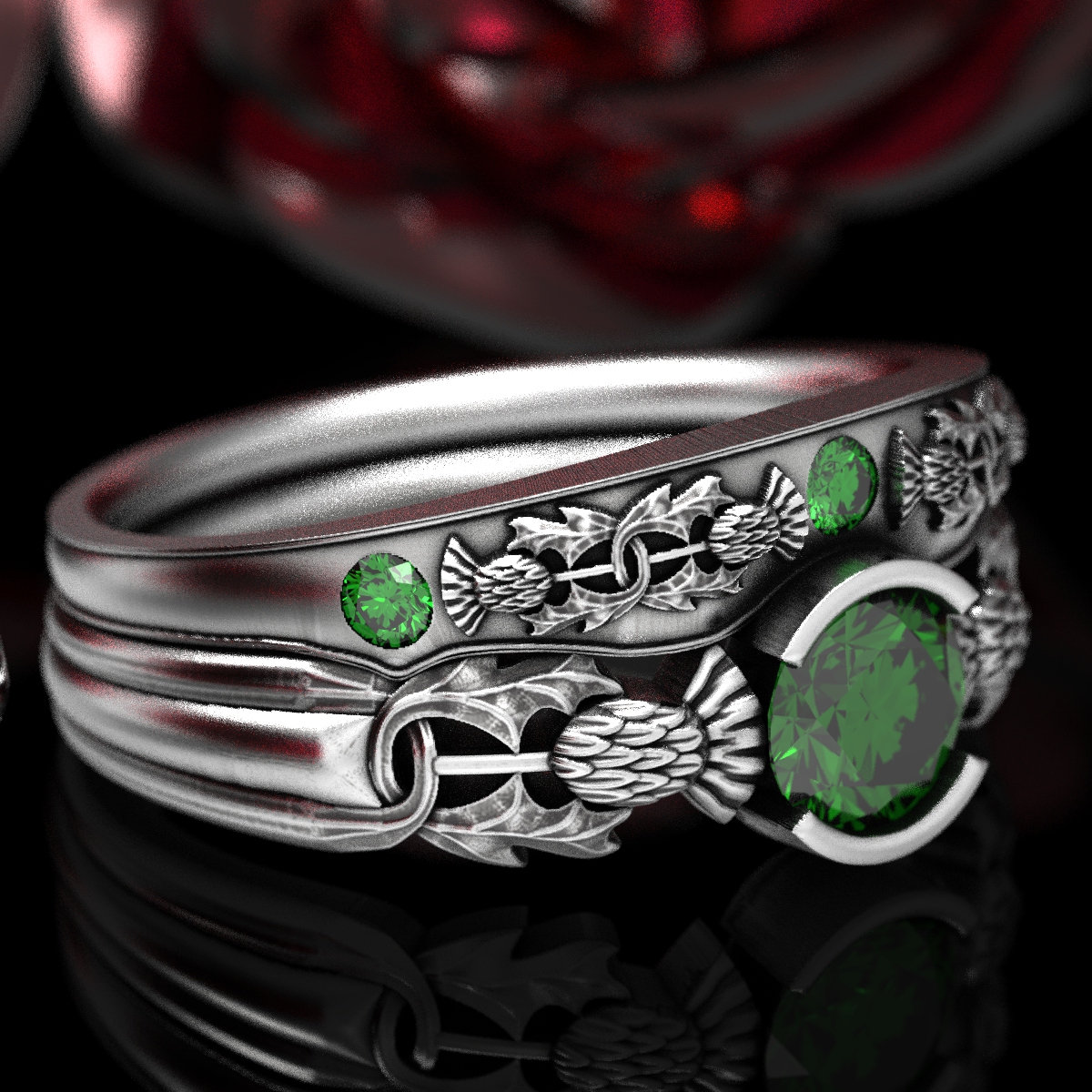 Sterling Scottish Engagement Rings, Thistle Wedding Ring Set, Emerald Celtic Engagement