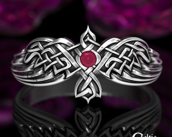 Sterling Silver and Ruby Raven Ring, Flying Corvid Wedding Ring, Woman's Norse Statement Ring, Odins Woven Raven Ring, Nordic Crow Ring,1478