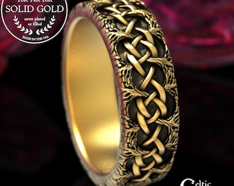 Men's Gold Braided Tree Ring, 10K Woven Forest Wedding Band, 14K White Gold Nature Woodland Ring, Platinum Celtic Tree Branches Ring, 2043