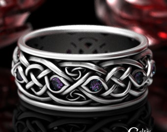 Sterling Mens Alexandrite Ring, Mens Celtic Wedding Band, Irish Braided Ring, Silver Grooms Trinity Knot & Gemstone Wedding Ring, 1096