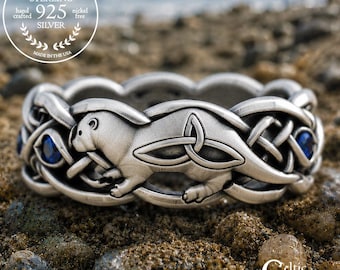 Woman's Celtic Otter Ring, Sterling Otter Wedding Band, Silver Sapphire Irish Otter Ring, Ocean Bride Wedding Band, Sea Animal Jewelry, 3025