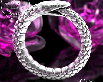 Sterling Ouroboros Ring, Silver Snake Eating Tail Jewelry, Unisex Serpent Scales Ring, 6010