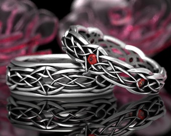 Matching Ruby Celtic Wedding Set, Irish Infinity Wedding Bands, Matching Scottish Silver Wedding Ring Set, Irish Infinity Rings, 1416 111