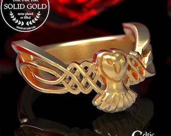 18K Celtic Owl in Flight Ring, Owl Wedding Band, 14K White Gold Barn Owl Ring, Platinum Hoot Owl Ring, 10K Flying Owl Statement Ring, 1011