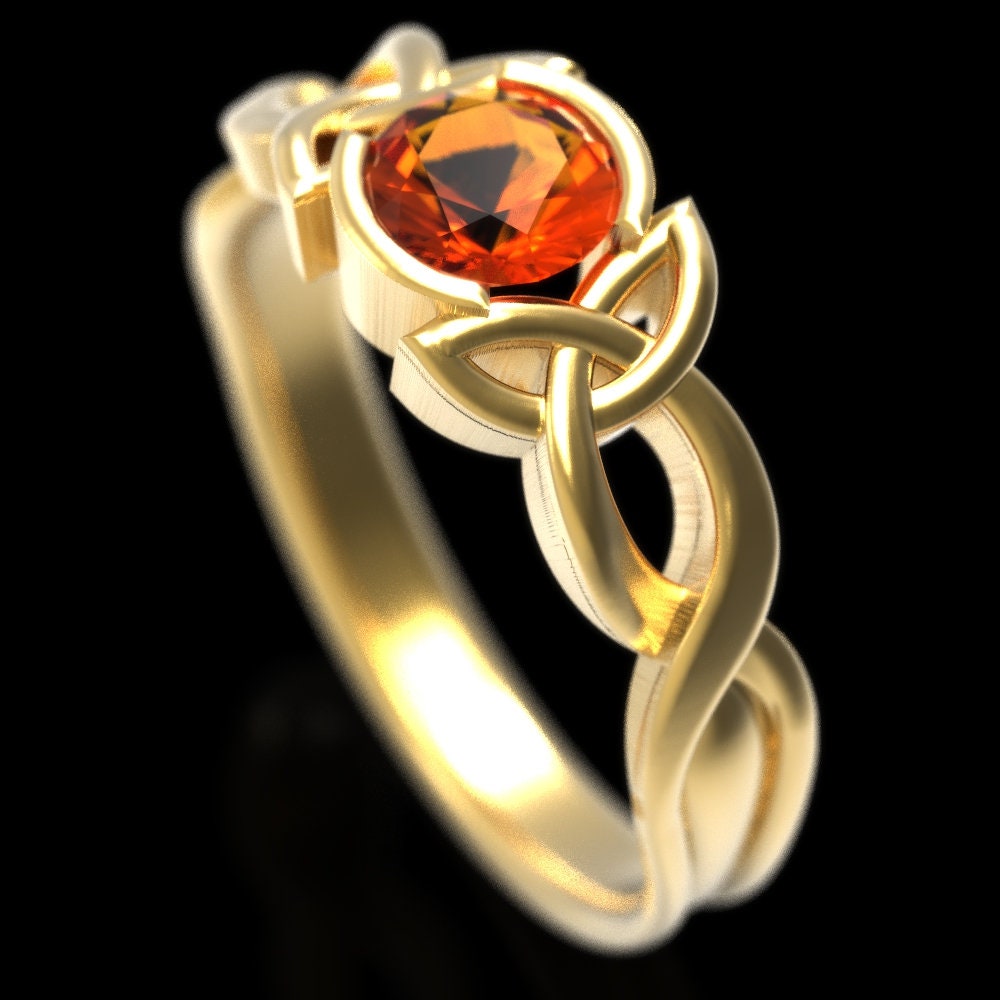 Orange Sapphire Engagement Ring, Gold Celtic Wedding Ring, Orange