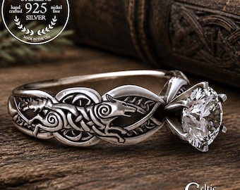 Sterling Celtic Wolf Engagement Ring, Moissanite Wolves Viking Solitaire, Silver Sapphire Canine Wedding, Emerald Wolf Bride Ring, 3177