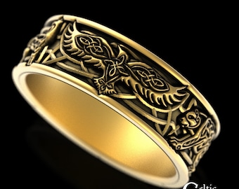 Gold 3 Animal Viking Wedding Band, Raven Wolf Bear Nordic Ring, 10K 14K Mens Viking Animal Ring, Norse Raven Bear Wolf Wedding Ring, 4161
