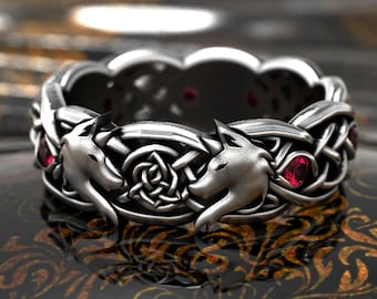 Ruby Wolf Ring, Sterling Celtic Wedding Band, Womens Wolf Ring, Celtic Infinity Wedding Ring, Silver Wolves Ring, Norse Wedding Ring, 9101