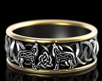 Celtic Wolf 2-Tone Ring in Sterling Silver & 10K Gold, Wolf Wedding Band, Viking Wolf Ring, Norse Ring for Him, Nordic Wolf Ring, 1702