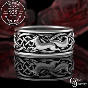 Mens Fox Wedding Ring, Sterling Fox Ring, Celtic Fox Wedding Ring, Fox Wedding Band, Celtic Fox Wedding Ring, Sterling Silver Fox Ring, 3197