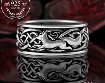 Mens Fox Wedding Ring, Sterling Fox Ring, Celtic Fox Wedding Ring, Fox Wedding Band, Celtic Fox Wedding Ring, Sterling Silver Fox Ring, 3197
