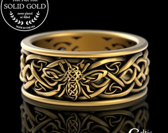 Mens 10K Gold Bee Wedding Band, Irish Bee Wedding Ring, 14K Honeybee Ring, Platinum Bumblebee Jewelry, 18K Mens Celtic Wedding Ring, 3087