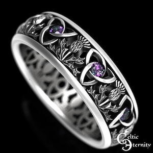 Alexandrite Trinity Celtic Ring, Sterling Scottish Wedding Ring, Classic Thistle Ring, Scottish Wedding Band, Thistle Wedding Band, 1812