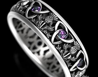 Alexandrite Trinity Celtic Ring, Sterling Scottish Wedding Ring, Classic Thistle Ring, Scottish Wedding Band, Thistle Wedding Band, 1812