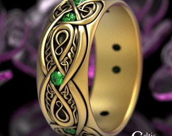 Gold & Emerald Celtic Ring, White Gold Mens Wedding Band, Celtic Knotwork Ring, Gold Infinity Ring, Mens Emerald Celtic Wedding Ring, 1642