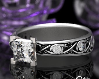 Celtic Princess Cut Moissanite Solitaire, Celtic Engagement Ring, Diamond Silver Wedding Ring, Celtic Knot Diamond Solitaire, Elf Ring 1429
