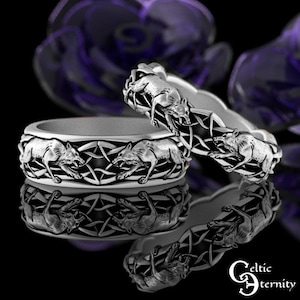 Sterling His Hers Viking Wolves Ring Set, Silver Matching Odin Wolf Bands, Norse Bride Groom Wedding Set, Geri & Freki Rings, 1746 1747