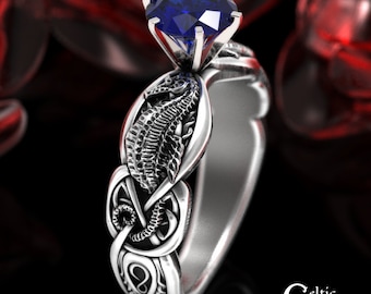 Seahorse Engagement Ring, Sterling Silver Sapphire Celtic Engagement Ring, Silver Sea Horse Ring, Celtic Sea Horse Ring, Sapphire Ring 1869