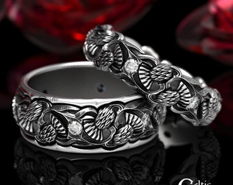 His Her Thistle Ring Set, Moissanite Wedding Ring, Sterling Silver Thistle Rings, Scottish Wedding Ring, Celtic Wedding Ring, 1472 1473