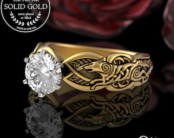 Gold Celtic Wolf Engagement Solitaire, Moissanite Viking Shadow Fang Bridal, Gold Wolfkin Handfasting Rings, Platinum Mac Tíre Ring, 3177