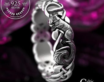 Sterling Squirrel Wedding Band for Woman, Silver Celtic Critter Ring, Bushy Tail Spirit Animal Jewelry, 2149