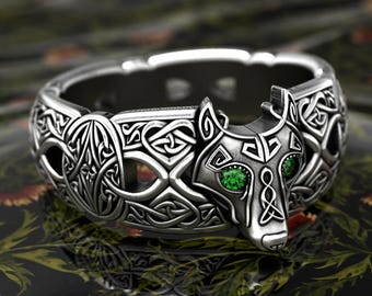 Celtic Wolf Ring, Emerald Eye Wolf Ring, Sterling Wolf Ring, Wolf Wedding Ring, Silver Viking Ring, Viking Wolf Ring, Men's Wolf Ring, 1744