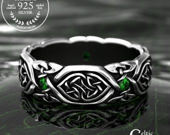 Emerald Interlocking Hearts Irish Wedding Ring, Amethyst Moissanite Garnet Celtic Braided Ring, Silver Woven Intwined Heart Band, 2008