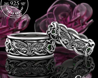 Emerald Viking Wedding Rings, Sterling Raven Ring Set, Emerald Raven Rings, Matching Wedding Bands, Celtic Raven Wedding Rings, 4728 4729