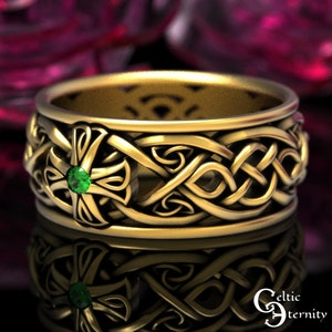 Guld herr smaragd korsring, herr 14K korsring, 10K kors vigselring, irländsk smaragd vigselring, irländsk ring, smaragd korsring, 1929 bild 2
