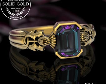 Womens Gold & Alexandrite Thistle Solitaire Ring, White Gold Scottish Engagement Ring, 14K 18K Irish, Emerald-Cut Celtic Bride Wedding, 3200