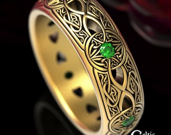 10K Emerald Celtic Ring, 14K Gold Celtic Ring, 18K Irish Wedding Ring, Mens Emerald Wedding Band, Mens White Gold Celtic Ring, Platinum 1806